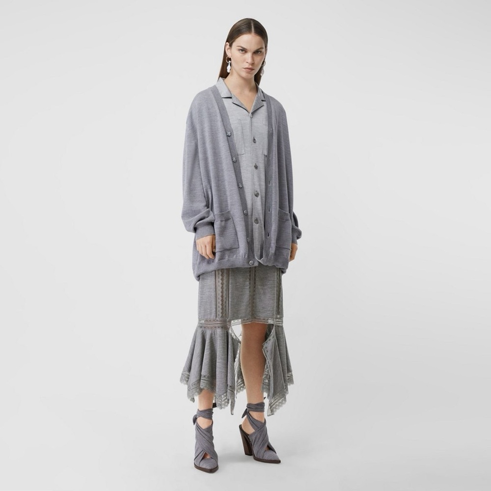 NWT Burberry Lace Trimmed Wool Jersey Midi Skirt Grey - Picture 2 of 16